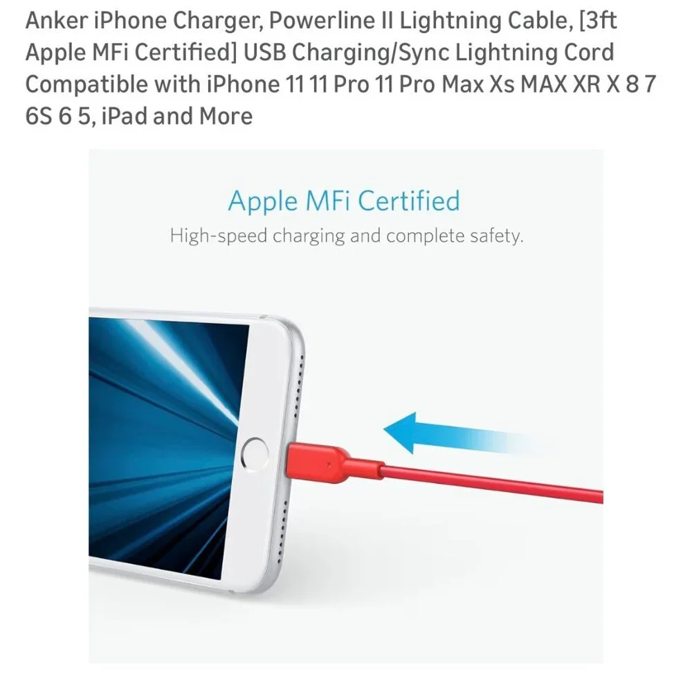 Anker iPhone Charger, Powerline II Lightning Cable, 3 ft USB